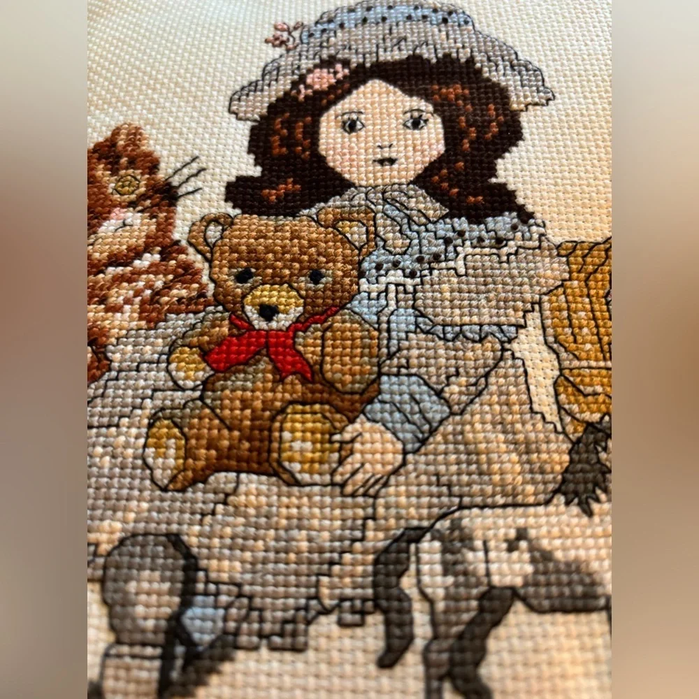 Handmade VTG Victorian Pillow Blue Cross-Stitch Doll Teddy Kitty Lace Trim - Picture 2 of 8